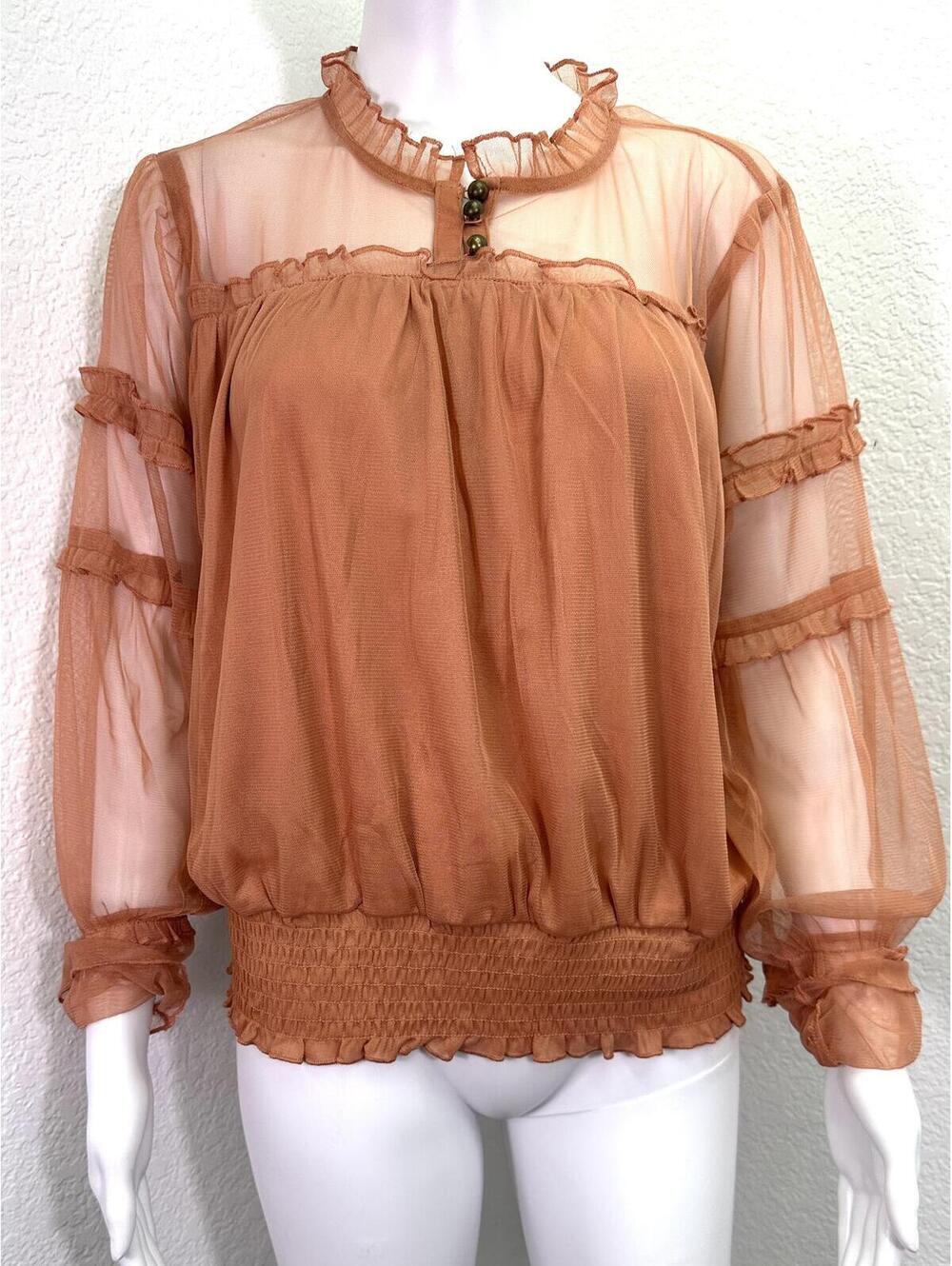 Women’s Sz L Orange Rust Sheer Blouse Peasant Ruffle Romantic Tiered Sleeve Boho